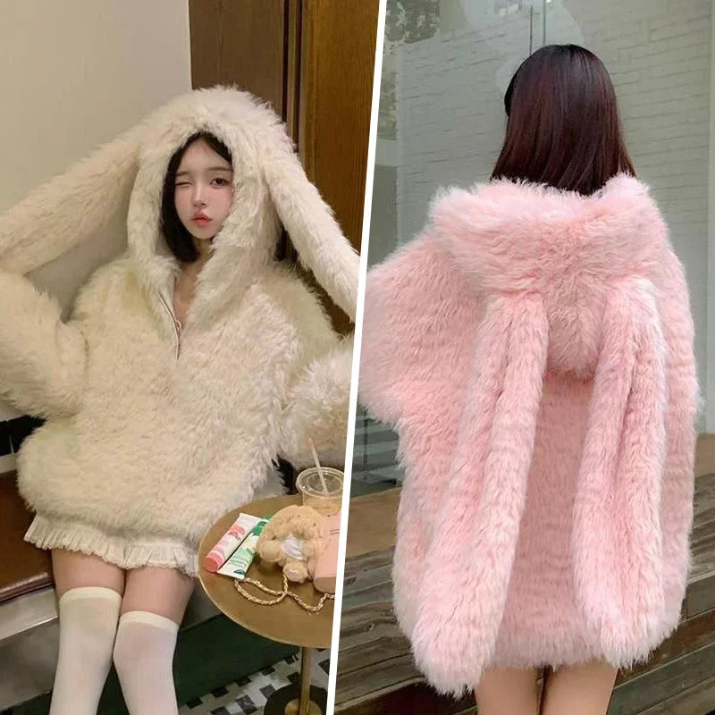 Women's Faux Lamb Fur Coat Thickened Loose Jacket Cute Rabbit Ears Autumn Winter New Arrival Warm Soft Outerwear Hoodies
