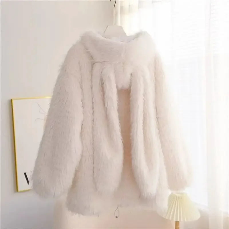 Women's Faux Lamb Fur Coat Thickened Loose Jacket Cute Rabbit Ears Autumn Winter New Arrival Warm Soft Outerwear Hoodies