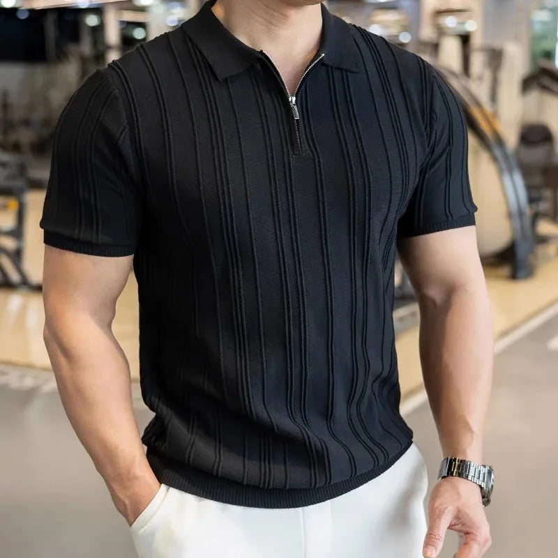 Summer Men's Striped Jacquard Knit Polo Shirt Vintage American Zipper Knitted Short Sleeve T-shirt Men Solid Color Elastic Top