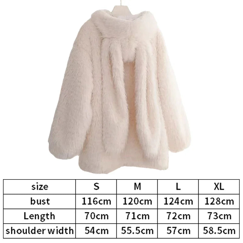 Women's Faux Lamb Fur Coat Thickened Loose Jacket Cute Rabbit Ears Autumn Winter New Arrival Warm Soft Outerwear Hoodies