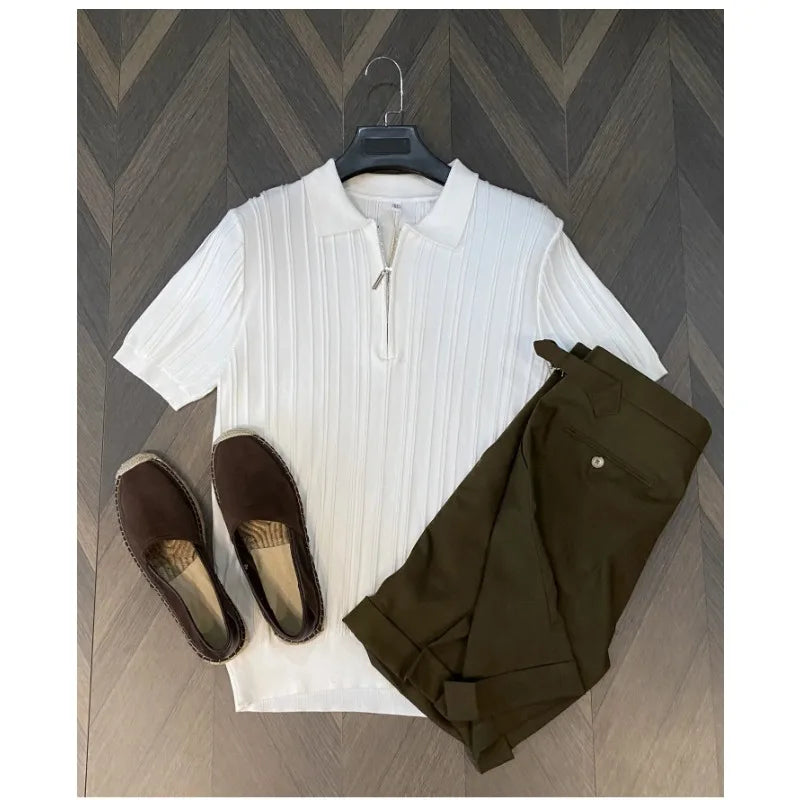 Summer Men's Striped Jacquard Knit Polo Shirt Vintage American Zipper Knitted Short Sleeve T-shirt Men Solid Color Elastic Top