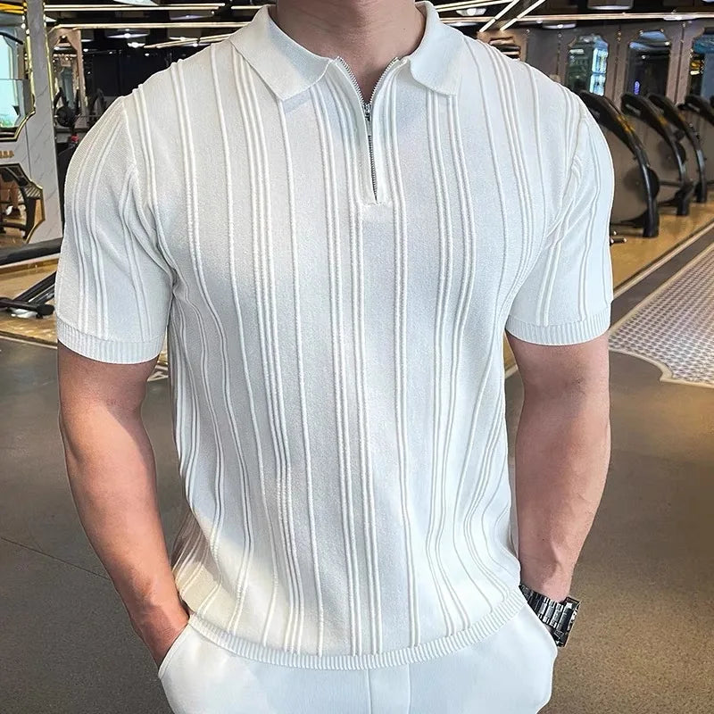 Summer Men's Striped Jacquard Knit Polo Shirt Vintage American Zipper Knitted Short Sleeve T-shirt Men Solid Color Elastic Top