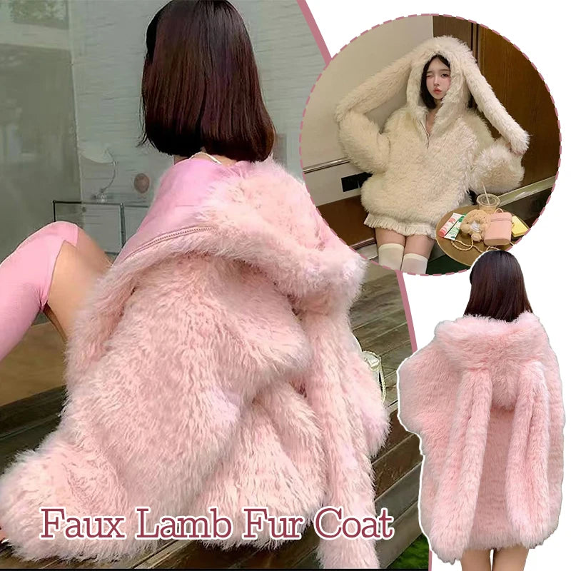 Women's Faux Lamb Fur Coat Thickened Loose Jacket Cute Rabbit Ears Autumn Winter New Arrival Warm Soft Outerwear Hoodies