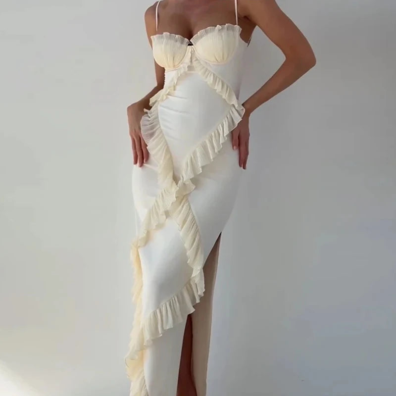 Sexy Lace Wrap Chest Women Long Dress Elegant Spliced Ruffles Evening Party Sling Dresses Fashion Slimming Fishtail Dress 2025