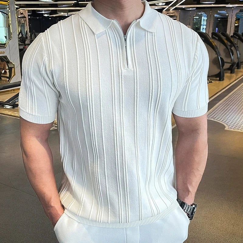Summer Men's Striped Jacquard Knit Polo Shirt Vintage American Zipper Knitted Short Sleeve T-shirt Men Solid Color Elastic Top