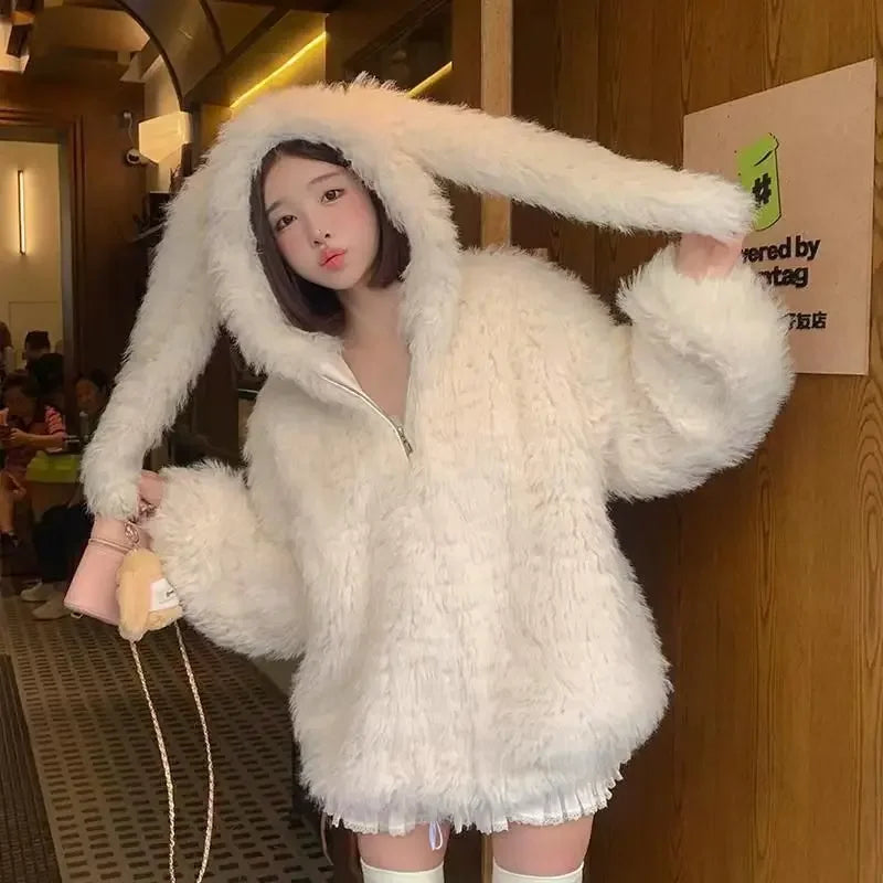 Women's Faux Lamb Fur Coat Thickened Loose Jacket Cute Rabbit Ears Autumn Winter New Arrival Warm Soft Outerwear Hoodies