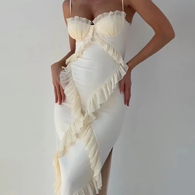 Sexy Lace Wrap Chest Women Long Dress Elegant Spliced Ruffles Evening Party Sling Dresses Fashion Slimming Fishtail Dress 2025