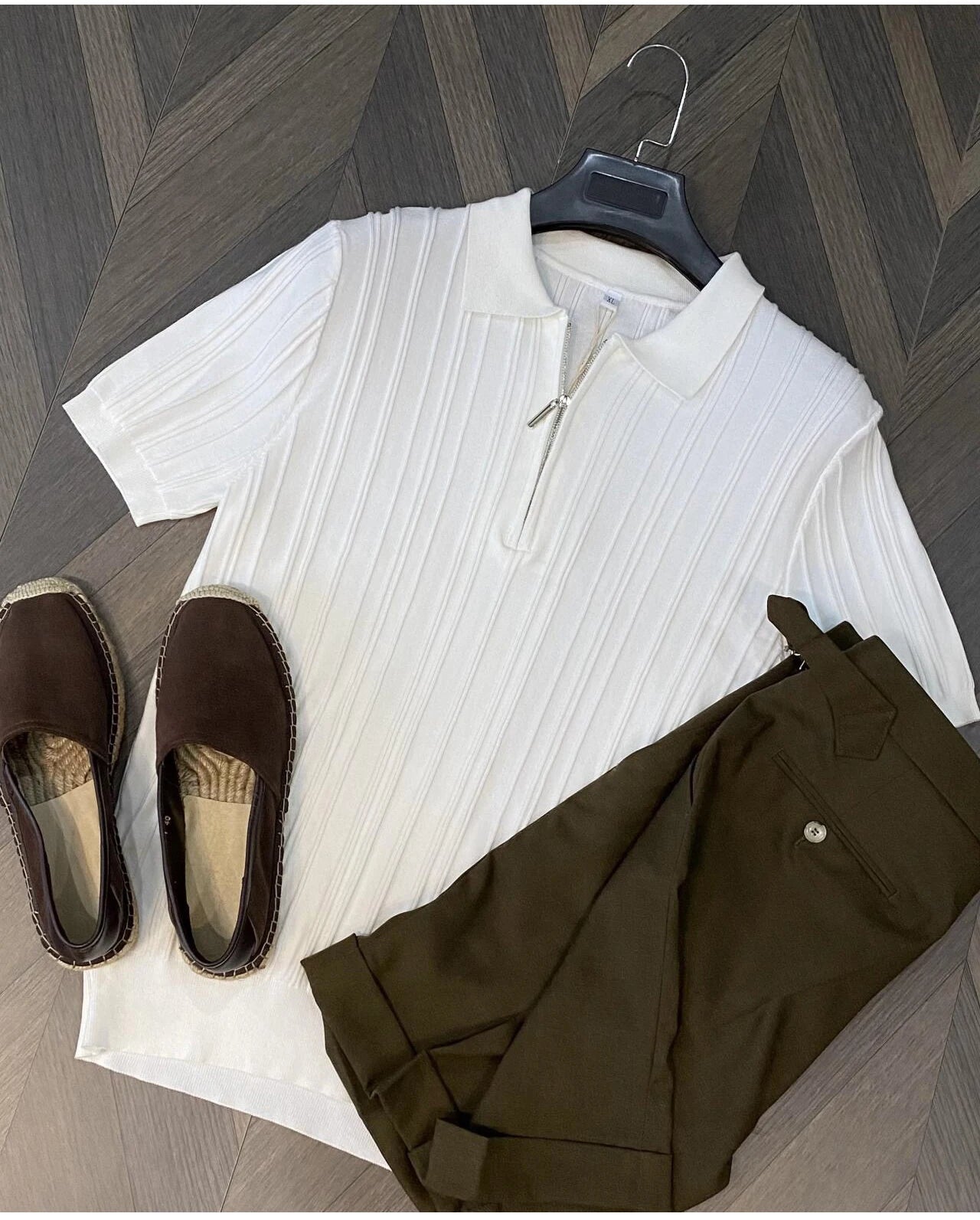Summer Men's Striped Jacquard Knit Polo Shirt Vintage American Zipper Knitted Short Sleeve T-shirt Men Solid Color Elastic Top