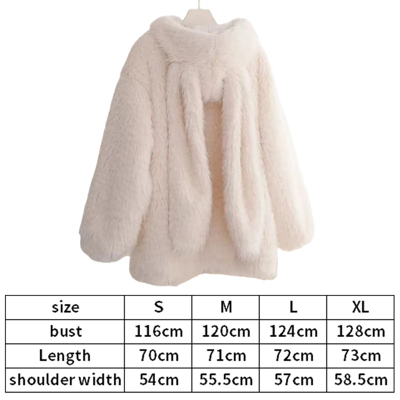 Women's Faux Lamb Fur Coat Thickened Loose Jacket Cute Rabbit Ears Autumn Winter New Arrival Warm Soft Outerwear Hoodies