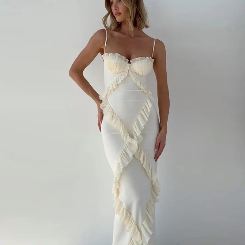 Sexy Lace Wrap Chest Women Long Dress Elegant Spliced Ruffles Evening Party Sling Dresses Fashion Slimming Fishtail Dress 2025