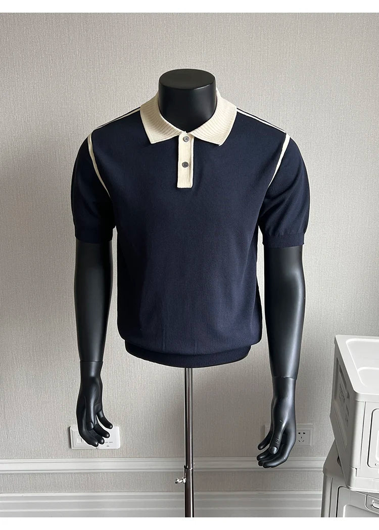 Old Money Style Men's Polo, Contrast Collar Knit Short Sleeve.Vintage-Inspired Men's Polo for Modern Sophisticates